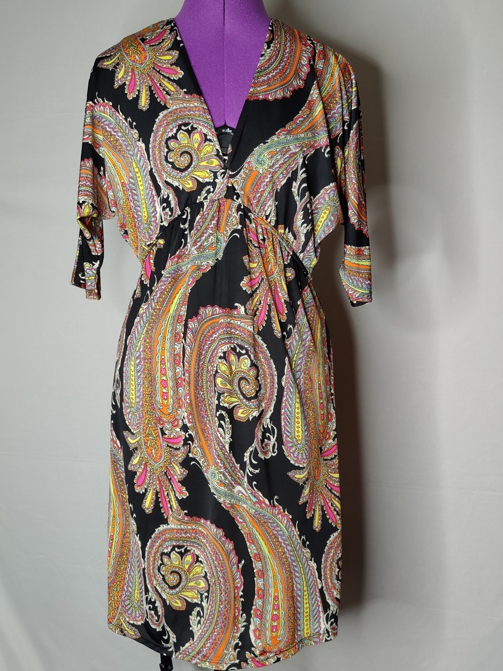 Black Paisley Wrap Dress with Pink and Yellow Accents